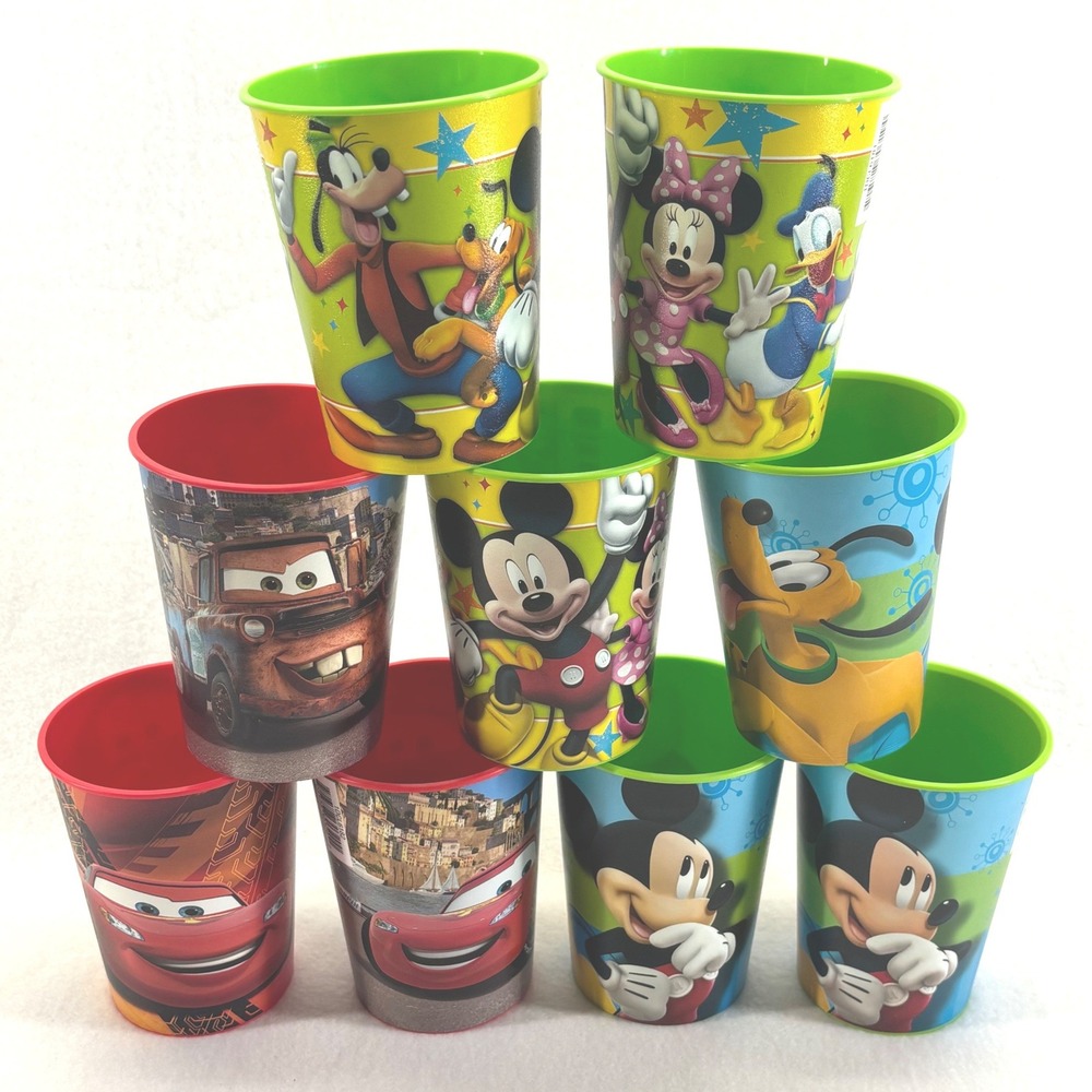 Disney Plastic Tumbler Cup Set 9pc Mickey Minnie Donald Goofy Pluto Cars Mater